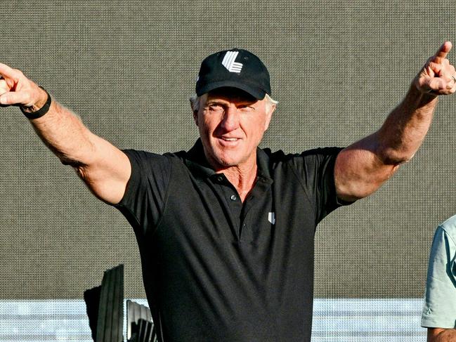 Liv Golf Commissioner Greg Norman rects after the 2023 Liv Golf tournament in Adelaide on April 23, 2023. (Photo by Brenton Edwards / AFP) / -- IMAGE RESTRICTED TO EDITORIAL USE - STRICTLY NO COMMERCIAL USE --