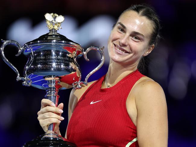 Aryna Sabalenka, pictured with the Daphne Akhurst Memorial Cup after winning the women’s singles title at the 2024 Australian Open. Picture: Julian Finney/Getty Images