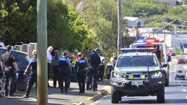 Police and emergency services respond to a reported shooting incident on Christmas Street in North Toowoomba, which closed off Bridge and West Streets to the public.