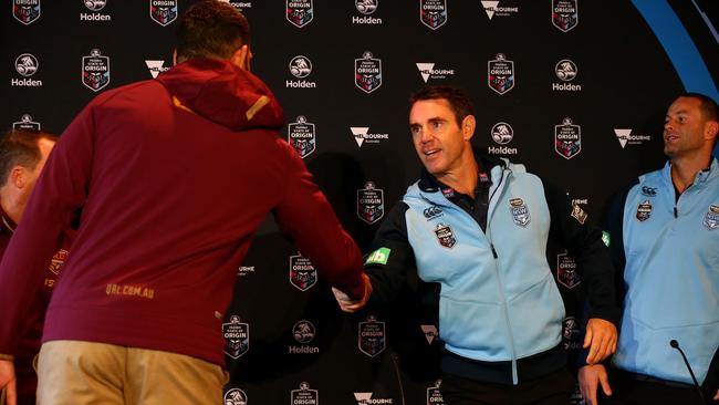 Greg Inglis and Brad Fittler shake hands. Picture: Adam Head