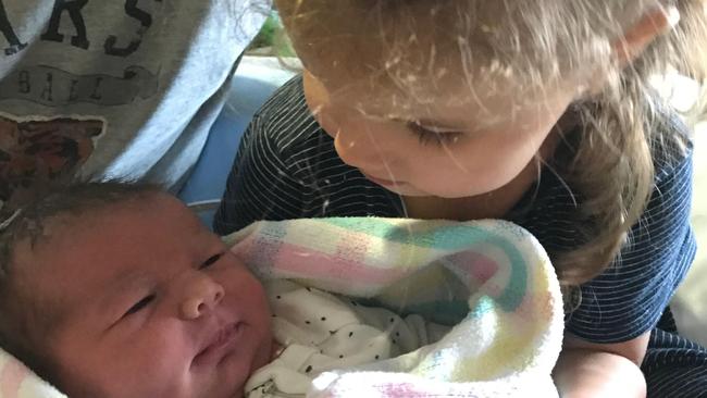 Libby and Luke Trickett’s daughter Poppy welcomes her new baby sister Edwina Daisy.