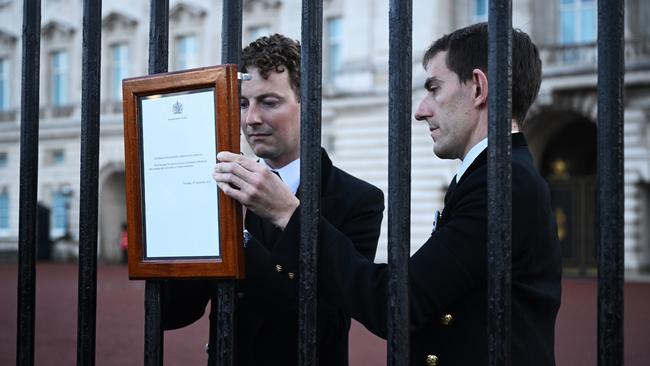 An official statement confirming the death of Queen Elizabeth II is posted in front of Buckingham Palace. Picture: Getty Images