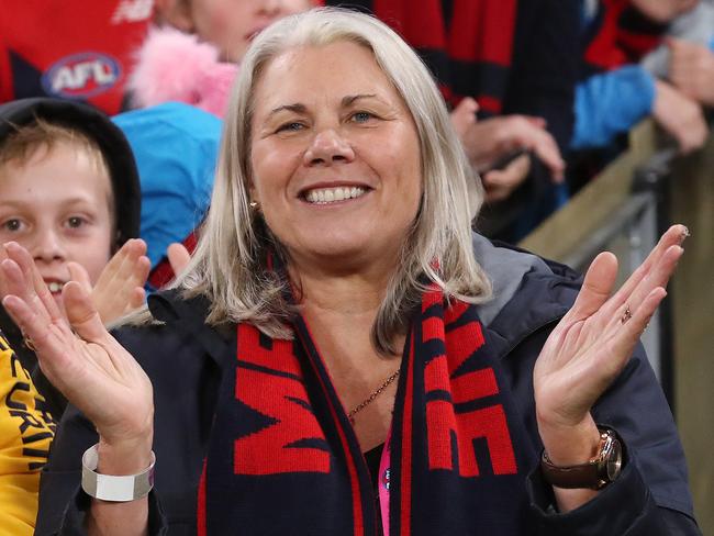 AFL Round 8.   08/05/2021. Melbourne vs Sydney Swans at the MCG, Melbourne.  Melbourne president Kate Roffey cheers on the Demons after win over Sydney   . Pic: Michael Klein