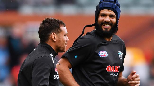 Steven Motlop and Paddy Ryder during a pre-game warm up this season. Picture: Mark Brake (Getty).