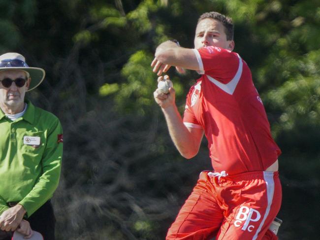 MPCA Round 1 cricket: Baden Powell v Old Peninsula. Baden Powell bowler Zacc Klan. Picture: Valeriu Campan