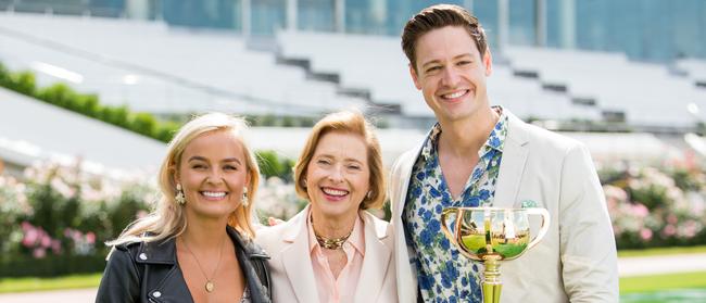 On track … Elly Miles and Matt Agnew (with Gai Waterhouse, centre) on The Bachelor.