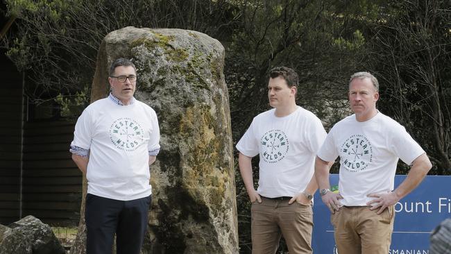 Destination Southern Tasmania CEO Alex Heroys, Tourism Industry Council Tasmania chief executive Luke Martin and Premier Will Hodgman at Mt Field National Park. Picture: MATHEW FARRELL