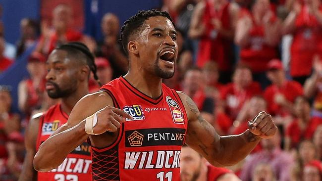 PERTH, AUSTRALIA - FEBRUARY 10: Bryce Cotton of the Wildcats celebrates after a 3 point shot during the round 17 NBL match between the Perth Wildcats and the Sydney Kings at RAC Arena on February 10, 2019 in Perth, Australia. (Photo by Paul Kane/Getty Images)