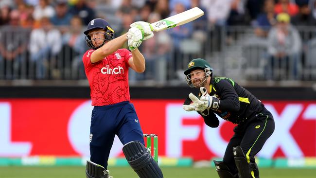 Jos Buttler of England in action in game one of the T20 International series between Australia and England at Perth Stadium.