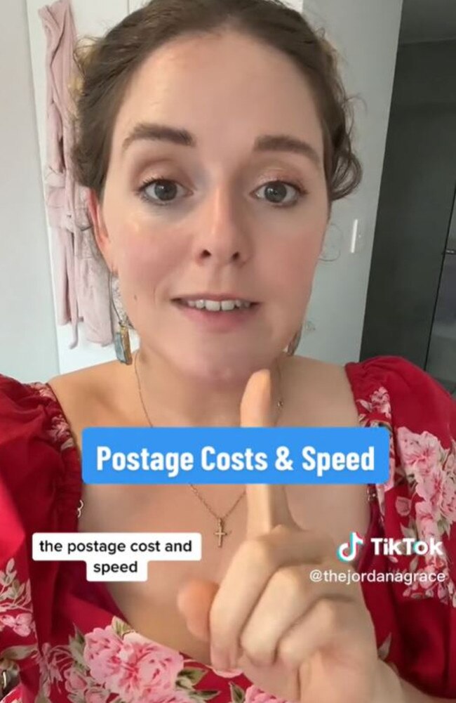 And finally postage costs and speed. She thought Aussies were going to have a go at her, but most agreed. Picture: TikTok/thejordanagrace