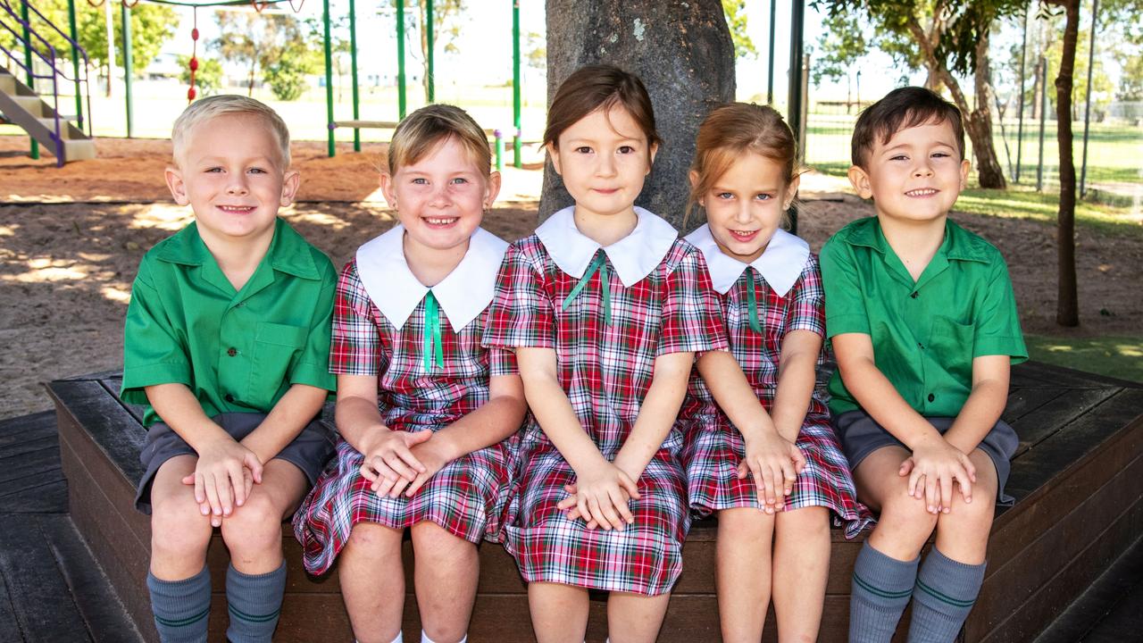 My First Year 2022: St Joseph's Catholic Primary School, Millmerran. Preps, from left; Chase Sinclair, Elana Hughes, Esther Hollis, Aria Klein and Clancy Willett. March 2022. Picture: Bev Lacey