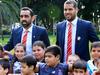 Adam Goodes and Lance Franklin during the launch of the Swans indigenous round with kids wearing indigenous jerseys in Hyde Park. pic mark evans