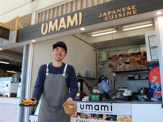 Umami owner Dean Han with their signature sushi taco and poke bowl.