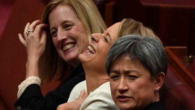 Senator Katy Gallagher, Senator Kristina Keneally and Senator Penny Wong in the Senate.