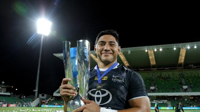 Jason Taumalolo of the Cowboys holds the trophy after winning the NRL Nines 2020 tournament at HBF Park in Perth, Saturday, February 15, 2020. (AAP Image/Richard Wainwright) NO ARCHIVING, EDITORIAL USE ONLY