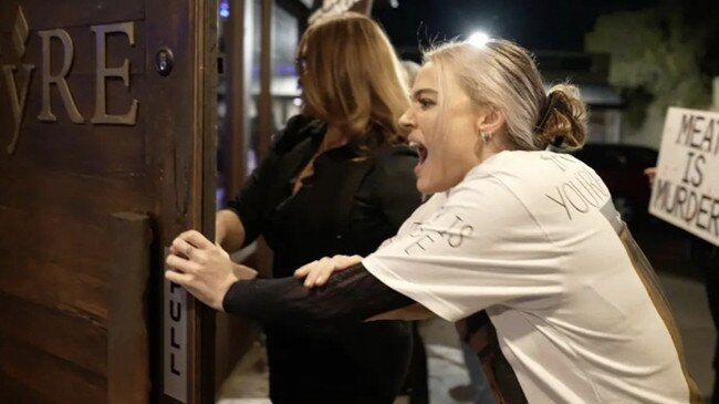 Tash Peterson vegan activist chaotic protest at Fyre restaurant. Picture: Instagram @Vganbooty