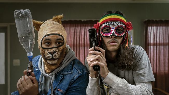 Freddy (James Rolleston) and Marvin (Samuel Austin) in a scene from Lowdown Dirty Criminals. Picture: Chris Coad.