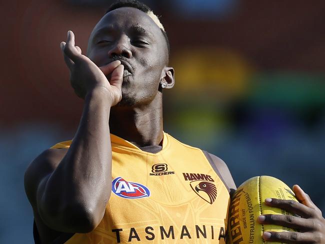 NCA. MELBOURNE, AUSTRALIA. September 12 , 2024. AFL.  Hawthorn captains run at the Adelaide Oval.  Mabior Chol of the Hawks  during todays light training session at the Adelaide Oval today    . Pic: Michael Klein