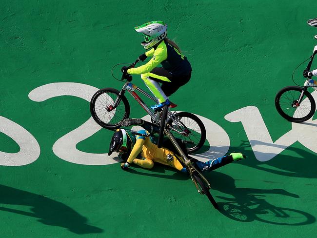 Caroline Buchanan crashes out of the competition at the Olympic BMX Centre. Picture: Adam Head