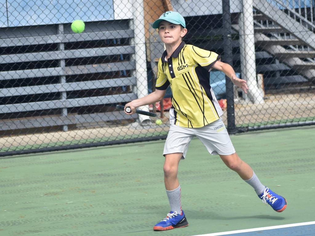 Players on court at the JDS Central Region tournament at the Rockhampton Regional Tennis Centre on July 14, 2024.
