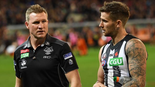 Collingwood coach Nathan Buckley talks to Jeremy Howe.