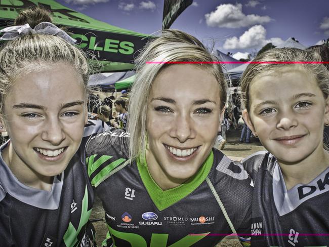 Caroline Buchanan with riders in the Buchanan Next Gen BMX team. Picture: Supplied.