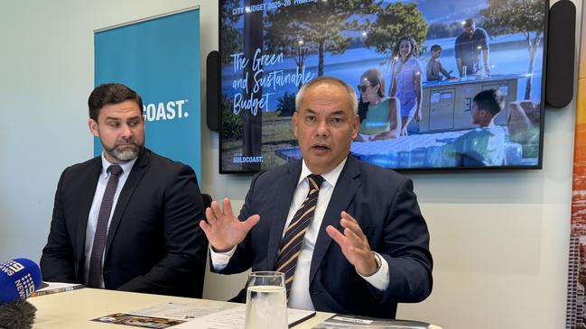 Mayor Tom Tate and Deputy Mayor Mark Hammel discussing the budget. Picture: Andrew Potts