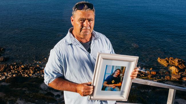 Port Lincoln father Adrian Ryan at Fishery Bay, where his son Paddy was learning to surf before his death by Sudden Sniffing Death Syndrome. Picture: Robert Lang