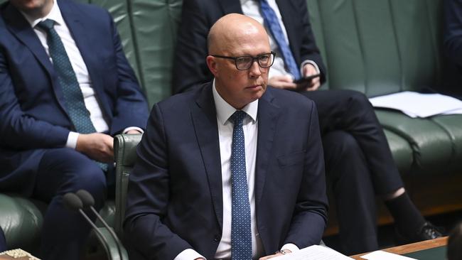 The Leader of the Opposition Peter Dutton has been accused of telling Scott Morrison about the rape allegation days before the news broke. Picture: NCA NewsWire/Martin Ollman