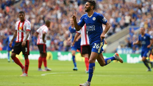 Riyad Mahrez celebrates scoring Leicester's second goal against Sunderland.