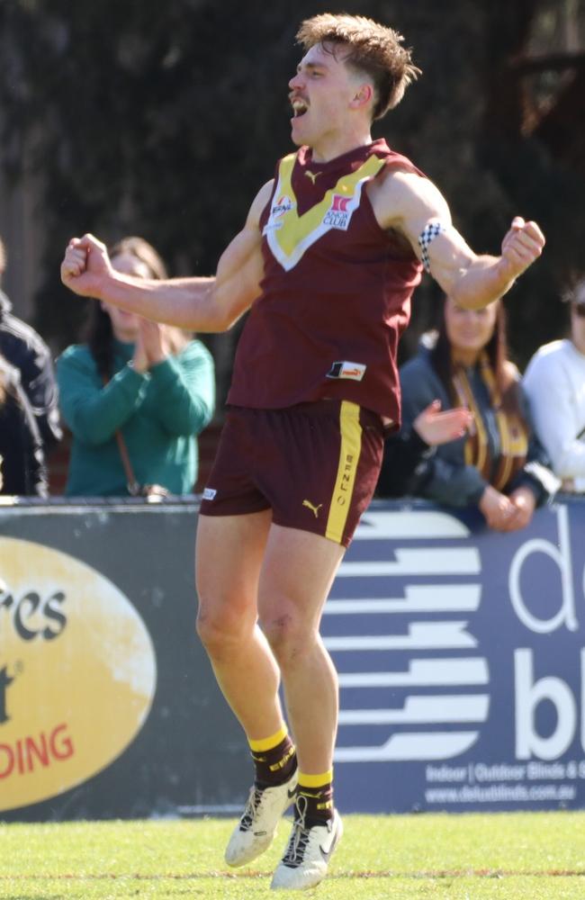 EFNL 2024: Josh Begley celebrates a goal in the Division 2 decider. Picture: Grant Bertram