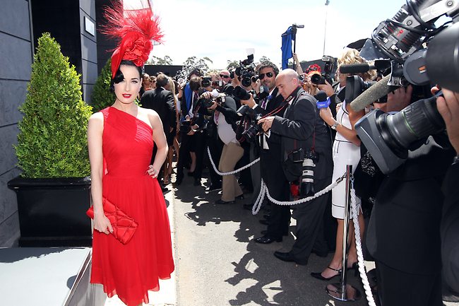 Dita Von Teese draws a crowd outside the Lavazza marquee. Picture: Alex Coppel