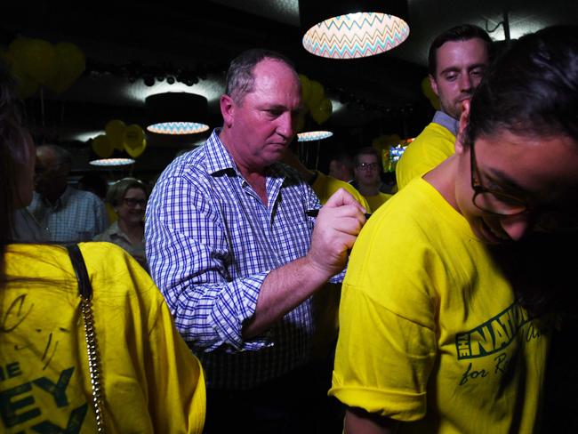 Barnaby Joyce signs Barnaby Army shirts after winning the New England by-election at The Nationals Party at West Tamworth Leagues Club in Tamworth. Picture: AAP.