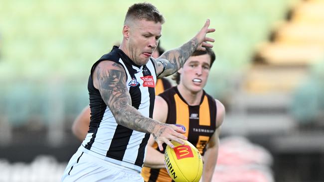 Jordan De Goey on the burst against Hawthorn in pre-season.