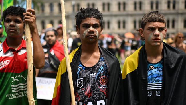 Protesters take part in an Invasion Day rally in Brisbane. Picture: NCA Newswire / Dan Peled