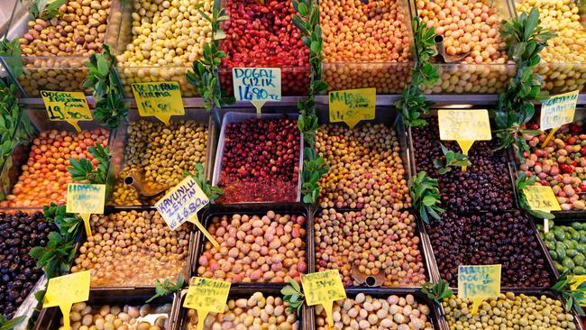 Olives on display in a market in Kadikoy district, Istanbul, Turkey