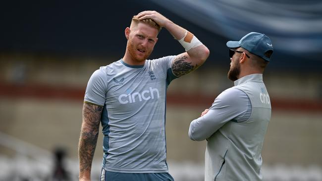 LONDON, ENGLAND - SEPTEMBER 06: England captain Ben Stokes speaks with coach Brendon McCullum during a nets session at The Kia Oval on September 06, 2022 in London, England. (Photo by Gareth Copley/Getty Images)