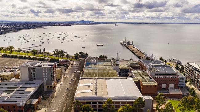 A drone photo from 50m high looking north from the Cunningham Place site overlooking Deakin University’s waterfront campus and Corio Bay.