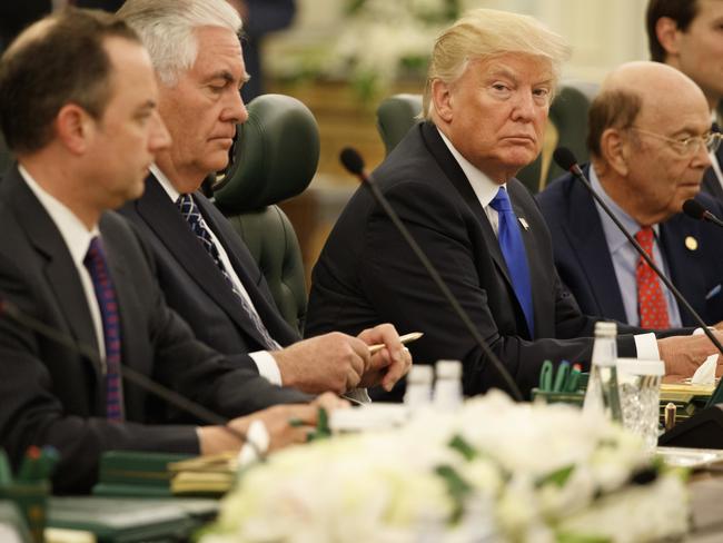 President Donald Trump waits for the beginning of a bilateral meeting with Saudi King Salam at the Royal Court Palace, Saturday, May 20, 2017, in Riyadh. From left are, White House chief of staff Reince Priebus, Secretary of State Rex Tillerson, Trump, Commerce Secretary Wilbur Ross, White House senior adviser Jared Kushner, and Chief Economic Adviser Gary Cohn. Picture: Evan Vucci