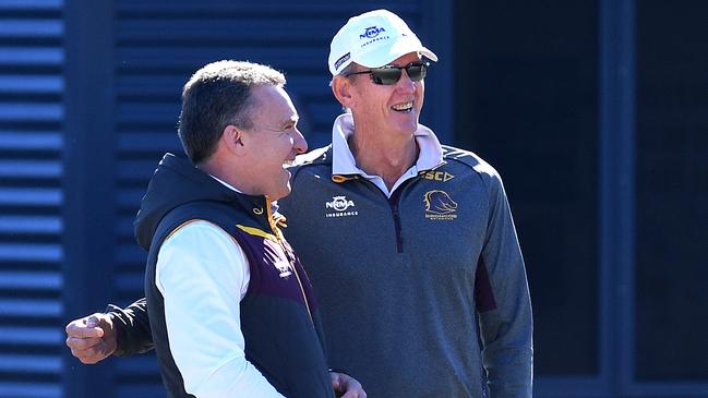 White with then Broncos coach Wayne Bennett at training in 2017. Picture: AAP Image/Dan Peled