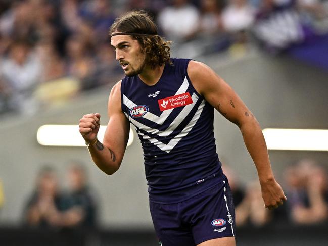 PERTH, AUSTRALIA - APRIL 02: Luke Jackson of the Dockers celebrates a goal during the 2023 AFL Round 03 match between the Fremantle Dockers and the West Coast Eagles at Optus Stadium on April 2, 2023 in Perth, Australia. (Photo by Daniel Carson/AFL Photos via Getty Images)