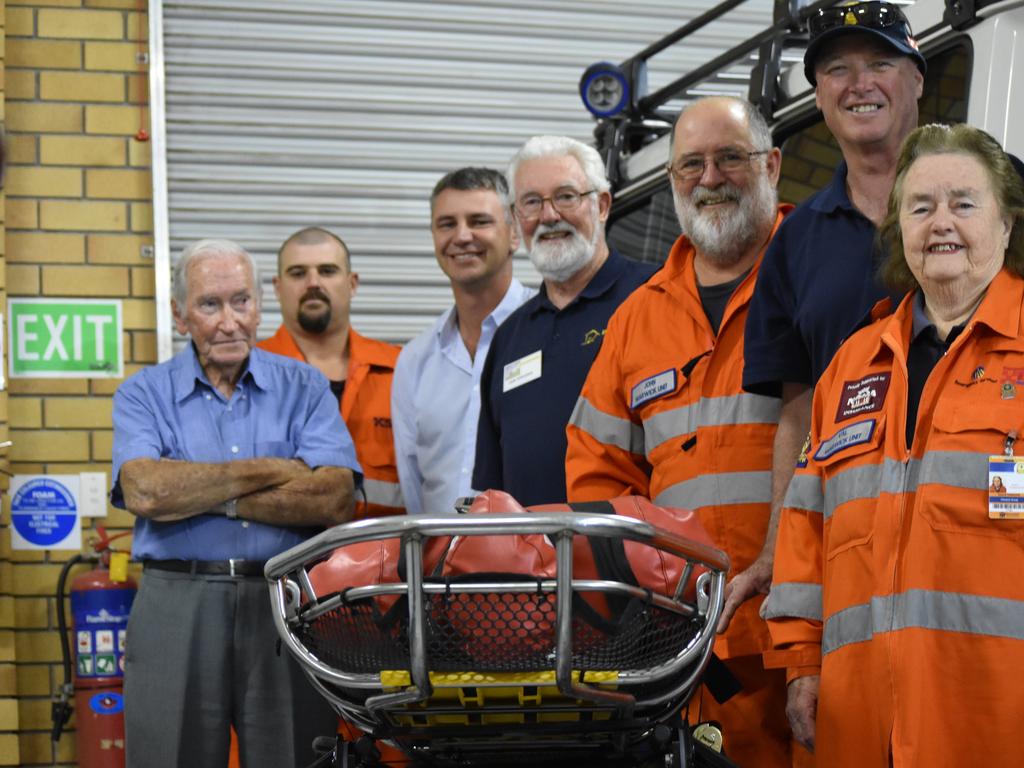 Warwick Mens Shed member Bill Quinn, SES volunteer Kris Duncan, Southern Downs Regional Council employee Mark Saunders, Ian Stevens, Warwick SES controller John Newley and SES volunteers Darryl Rank and Val Parsons with the mule, a new piece of equipment. (Photo: file)