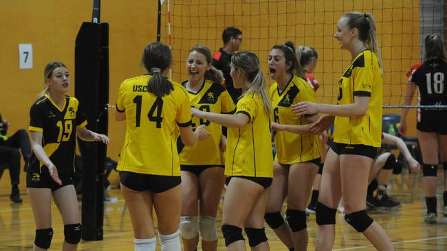 USC Lion players celebrate after winning the Volleyball SA Women’s League grand final against South Adelaide on Saturday. Picture: Michael Marschall