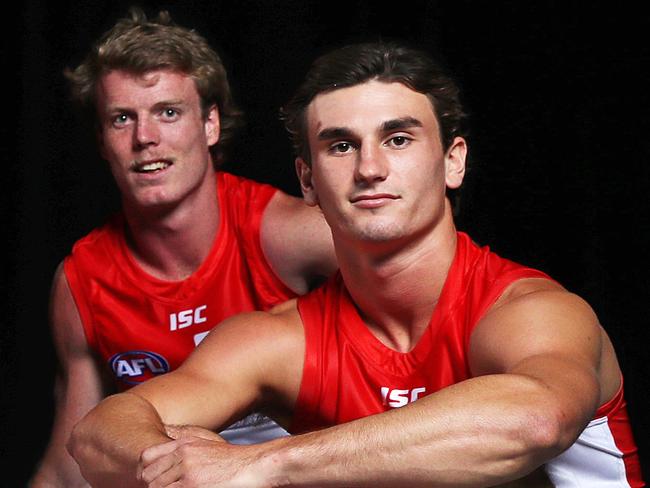 DAILY TELEGRAPH - Pictured are Sydney Swans players (L-R) Callum Mills, Isaac Heeney, James Bell, Sam Naismith, Dane Rampe, Harry Cunningham, Nick Blakey, Sam Wicks, in Moore Park today ahead of the start of the 2020 Season. Picture: Tim Hunter.