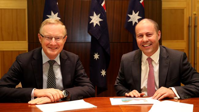 A mistake: Josh Frydenberg’s photo opportunity with RBA boss Philip Lowe. Picture: David Geraghty.