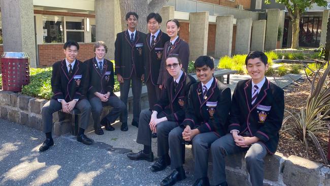 L to R: Haileybury top eight students James Lam, Jeremy Nielsen, Duvin Nambuwasam, Raymond Zhang, Lisa Gorman, Daniel Greenham, Samarth Ram and Harry Sun. Picture: Supplied