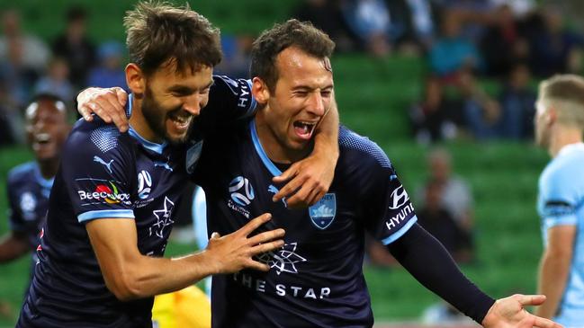 Sydney FC striker Adam Le Fondre (right) celebrates scoring against Melbourne City with teammate Milos Ninkovic. Picture: AAP