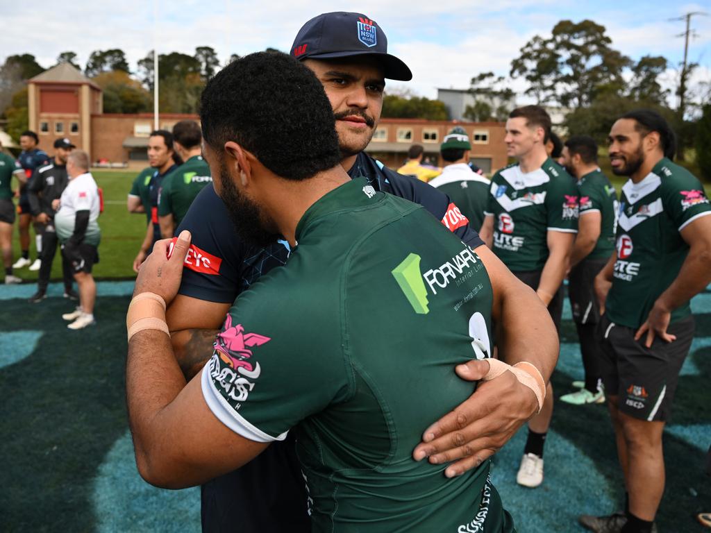 Semisi Kioa and Latrell Mitchell at Blues training. Digital image by Grant Trouville ©