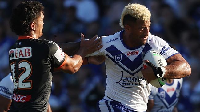 Viliame Kikau on the charge for the Bulldogs against Wests Tigers at Belmore Sports Ground. Picture: Getty Images