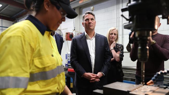 Deputy Labor Party Leader Richard Marles and Shadow Minister Senator Katy Gallagher, visiting Munster Mechanical in Slacks Creek just outside Brisbane, to continue the Labor Party election campaign while Leader Anthony Albanese isolates at home in Sydney with Covid. Picture: Tim Hunter.